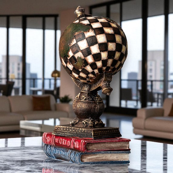 Vintage Globe on Books Sculpture, World Decor With Literary Charm