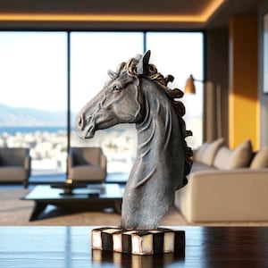 Large Horse Head Bust Sculpture, Rustic Horse Figurine Decor, Vintage Style Equestrian Statue for Home Office Bookshelf or Mantel Display