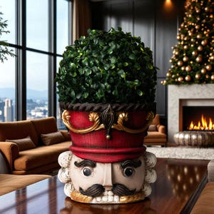 Nutcracker Head Planter, Hand-Painted Christmas Plant Pot, Festive Nutcracker Decor with Red Hat, Holiday Table Centerpiece, Xmas Gift
