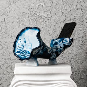 Large Ceramic Gramophone Speaker Sculpture, Acoustic Phone Amplifier, Blue Floral Sound Art, Decorative Hand-painted Ceramic Sound Amplifier