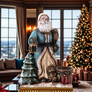 Christmas Santa Candle Holder, Green Coat Father Christmas Figurine, Vintage Holiday Decor, Rustic Xmas Ornament, Winter Tabletop Decoration
