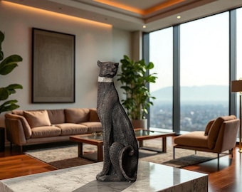 Hand-Painted Panther Sculpture | Large Black Panther Statue | Elegant Beaded Texture Finish, Modern Jungle Cat Art for Home or Office Decor