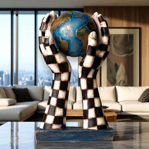 Hands Holding the World Sculpture | Surreal Checkerboard Hands Lifting Globe, Modern Earth Decor, Symbolic Hand Sculpture for Home or Office