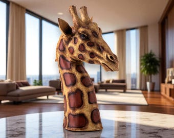 Giraffe Head Sculpture, Hand-Painted Resin Animal Decor, Safari Wildlife Statue, Exotic Home Decor, Giraffe Art for Living Room or Office