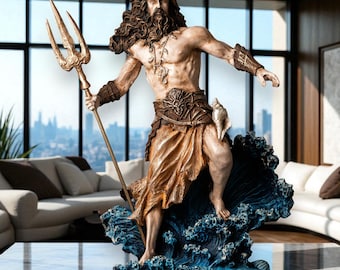 Poseidon Gott der Meer-Skulptur, handgemalte griechische Mythologie Statue, Mythischer Ozeangott mit Dreizack, antikes griechisches Dekor, Mythischer Meeresgott