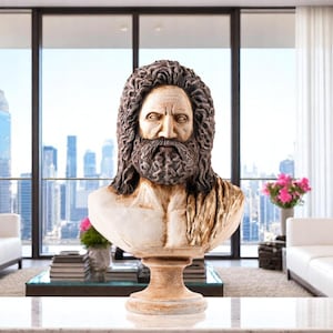 Large Zeus Bust Sculpture – Handpainted Greek God Figurine for Mythology Lovers, Ancient Decor Accent for Home, Office, or Study Display