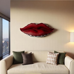 Large Red Lips Wall Sculpture – Bold Handpainted Lip Art, Unique Pop Art Wall Decor, Lip Shaped Artwork for Bedroom, Salon, or Vanity Wall