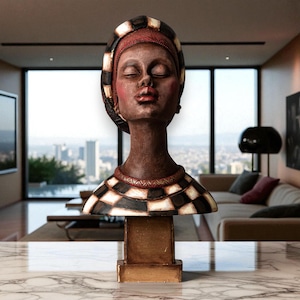 Large Hand-Painted African Woman Bust Statue – Tribal-Inspired Art Sculpture – Elegant Cultural Home Decor – Unique Gift for Art Lovers