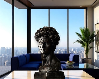 Fragmented David Bust Sculpture | Hand-Painted Michelangelo’s David with Pixelated Face | Modern Greek Renaissance Bust | Art Collector Gift