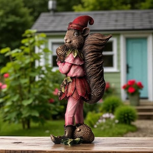 Large Squirrel Figurine in Red Costume, Whimsical Forest Animal Statue, Woodland Fairy Tale Decor, Acorn Holding Sculpture for Shelf or Gift