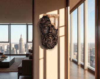 Ancient Bronze Zeus Wall Sculpture, Hand-Painted Mask with Ruined Temple Details, Greek Mythology Art, Greek God Decor, Mythology Wall Decor