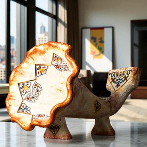 Vintage-Inspired Acoustic Gramophone Sculpture Phone Stand | Hand-Painted Ceramic Sound Amplifier Art Decor, Music Studio, Housewarming Gift