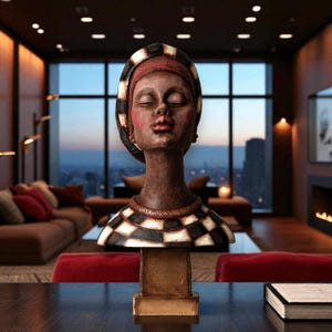 Large Hand-Painted African Woman Bust Statue – Tribal-Inspired Art Sculpture – Elegant Cultural Home Decor – Unique Gift for Art Lovers