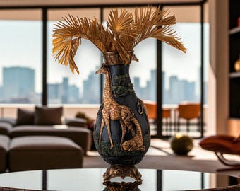 Giraffe Safari Decorative Vase | Hand-Painted Resin Jungle-Themed Home Decor with Ornate Golden Details , Exotic Animal Art, Wildlife Decor