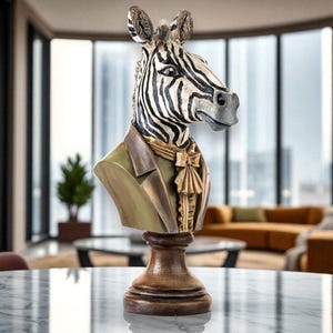 Large Zebra Bust Sculpture –Hand-Painted Victorian Zebra Statue for Office, Bookshelf or Entryway – Quirky Animal Decor, Safari Style Accent
