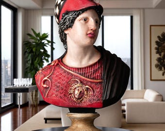 Pop-Art Athena Bust Sculpture | Hand-Painted Greek Goddess Statue with Medusa Armor, Contemporary Mythological Decor, Greek Art Home Decor