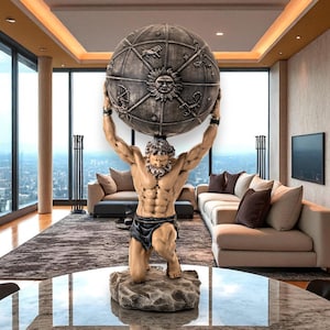 Atlas Sculpture, Hand-Painted Resin Mythology Statue with Celestial Zodiac Sphere, Greek Titan Decor, Celestial Home Art, Office Shelf Decor