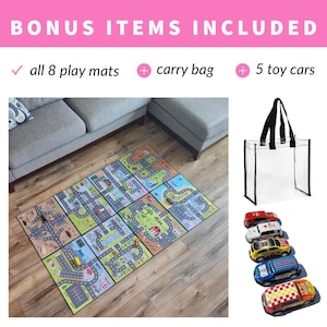 May include: A set of 8 colorful play mats featuring a city road theme, a clear carry bag, and 5 toy cars. The play mats are laid out on a wooden floor. The toy cars are red, yellow, blue, green, and white.