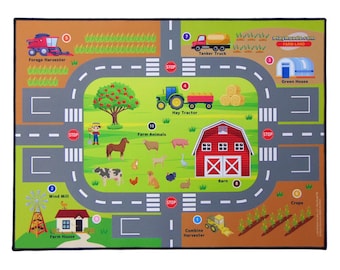 May include: A colourful play mat with a road layout featuring a farm theme. The mat includes images of farm animals, a barn, a green house, a wind mill, a combine harvester, a hay tractor, a tanker truck, a forage harvester, and crops. The mat is designed for children to play with toy vehicles and figures.