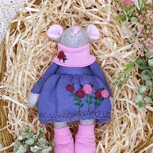 Grey Tilda Mouse, Tilda Doll Toys, Recycled Fabric Tilda Soft Toys, Handmade
