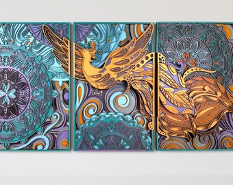 May include: A three-panel wall art piece featuring a stylized bird with intricate details. The bird is depicted in shades of orange and yellow, while the background features a swirling pattern in shades of blue, green, and purple.