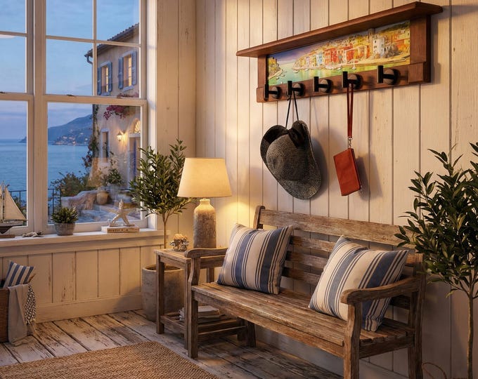 Rustic Wall Coat Rack with Shelf: Entryway Organizer with Black Hooks | Sunlit Seaside Village