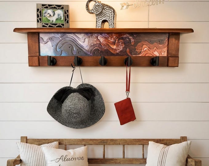 Rustic Wall Coat Rack with Shelf: Entryway Organizer with Black Hooks | Abstract Landscape Blue, Burgundy & Terracotta