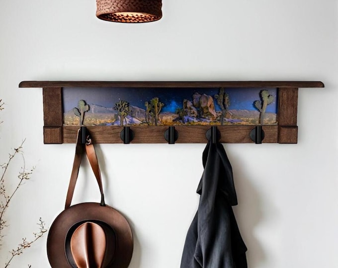 Rustic Wall Coat Rack with Shelf: Entryway Organizer with Black Hooks