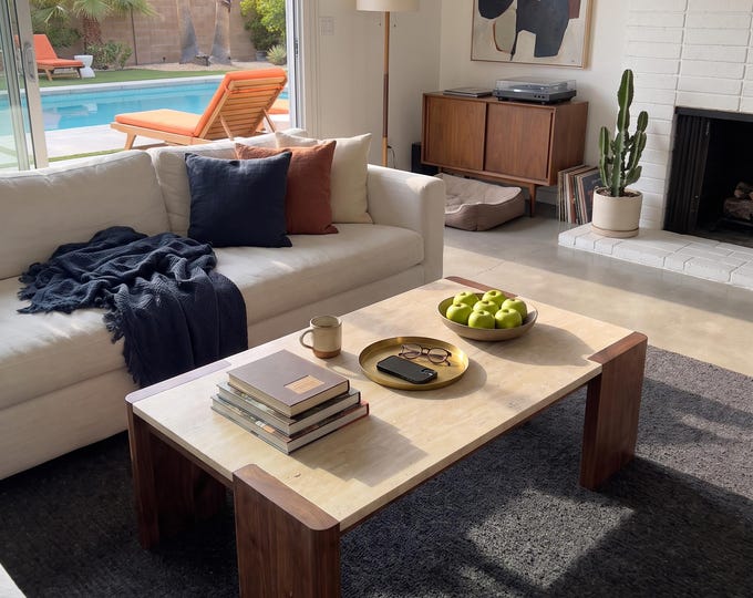 Modern Walnut Coffee Table with Travertine Top | Solid Black Walnut Slab Legs, Natural Stone | Handmade Mid-Century Furniture