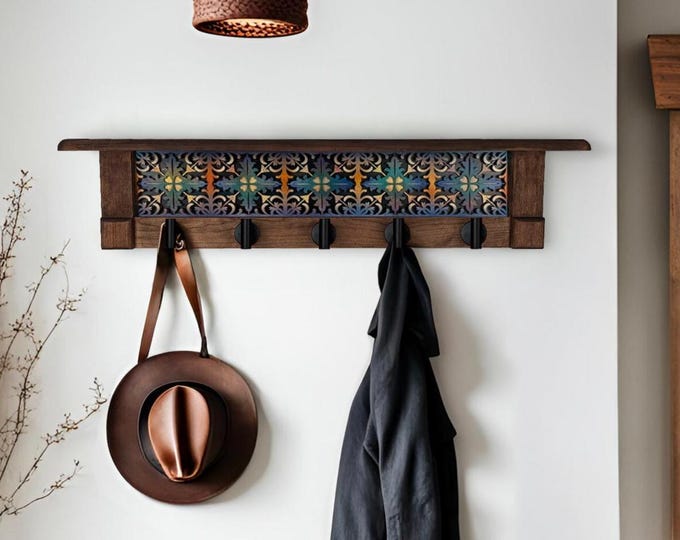 Rustic Cherry Wood Coat Rack with Shelf: Entryway Organizer, Distressed Finish