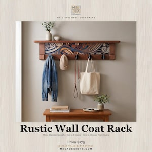 Rustic Wall Coat Rack with Shelf: Entryway Organizer with Black Hooks | Abstract Wave Blue Creme