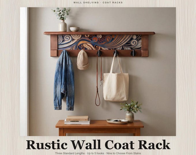 Rustic Wall Coat Rack with Shelf: Entryway Organizer with Black Hooks | Abstract Wave Blue Creme