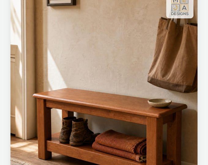 Solid Cherry Entryway Bench, 24-48 inch Wood Shoe Bench with Storage Shelf, Handmade Mudroom Bench, Dark Cherry Finish, Made to Order