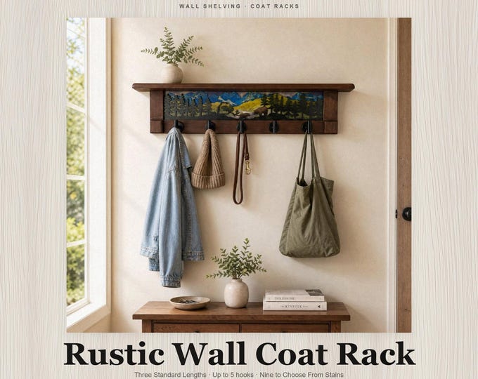 Bear Scene Coat Rack with Cherry Shelf: Rustic Entryway Organizer