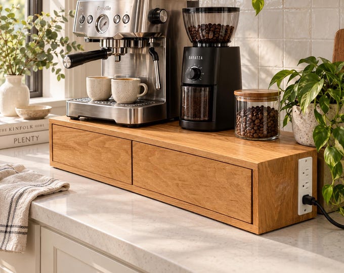 White Oak Coffee Bar Riser with Two Drawers and Built-In USB Outlet, Handmade Countertop Coffee Station
