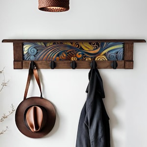 Rustic Wall Coat Rack with Shelf: Entryway Organizer with Black Hooks | Abstract Wave