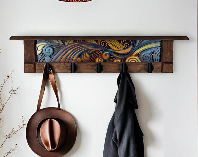 Rustic Wall Coat Rack with Shelf: Entryway Organizer with Black Hooks | Abstract Wave
