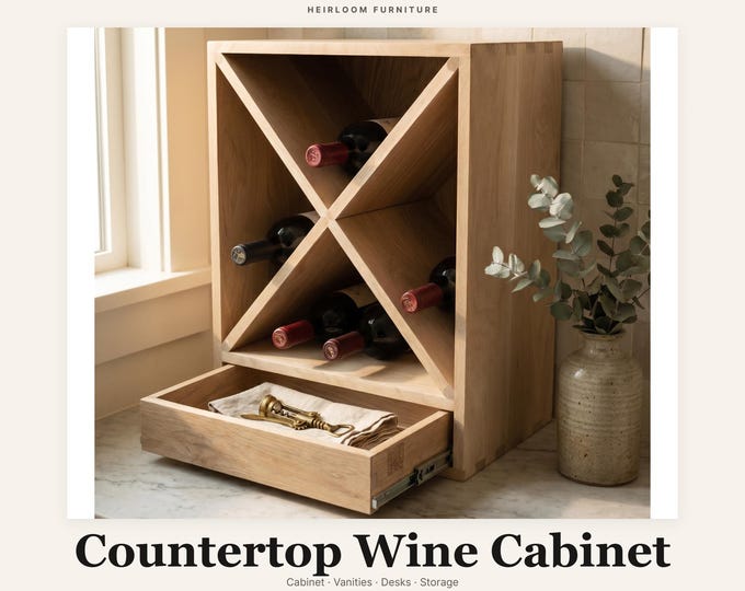 Heirloom White Oak Wine Storage Cabinet | Hand-Joined 4 Bottle X Rack with Drawer | Solid Wood Bar Cabinet | Made in USA
