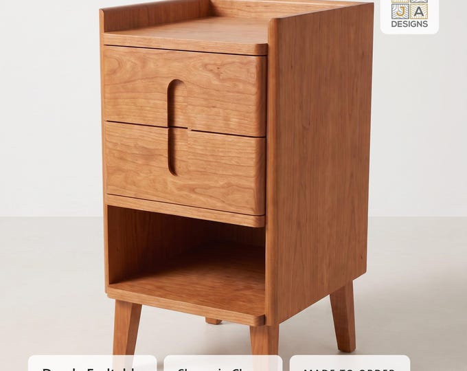 Custom Walnut End Table, Mid Century Modern Nightstand, Two Drawer Side Table with Open Shelf, Solid Wood Handmade