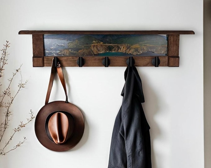 Rustic Wall Coat Rack with Shelf: Entryway Organizer with Black Hooks Big Sur
