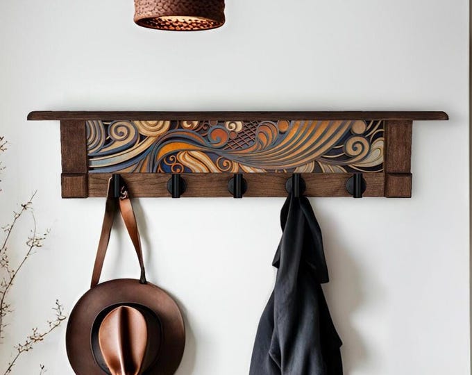 Rustic Wall Coat Rack with Shelf: Entryway Organizer with Black Hooks