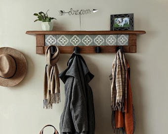 Rustic Cherry Wood Coat Rack with Shelf & Black Hooks