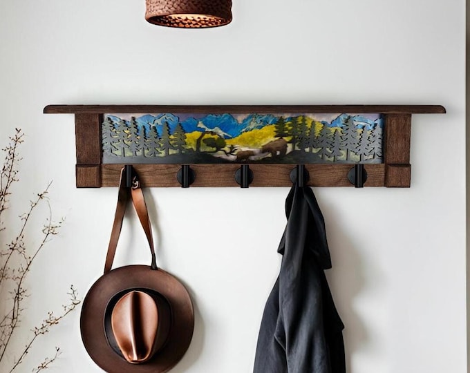 Bear Scene Coat Rack with Cherry Shelf: Rustic Entryway Organizer