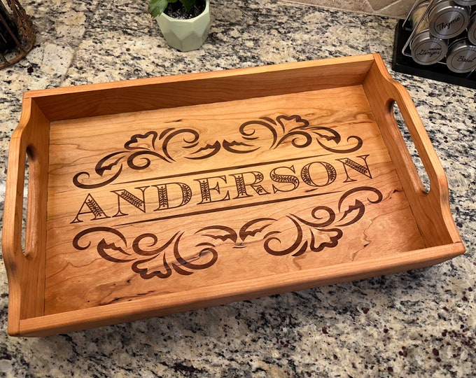 Wood Serving Tray with Handles, Coffee Table Tray, Ottoman Tray, Decorative Tray for Kitchen, Breakfast in Bed Tray, Personalized Gift