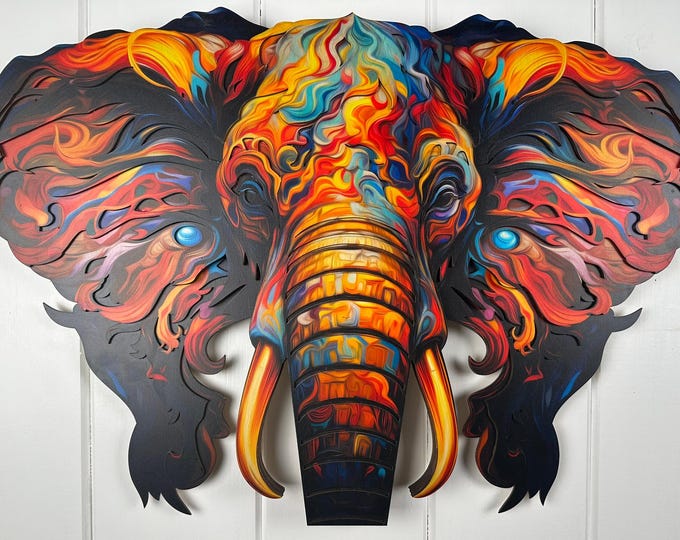 MEJA Designs Vibrant Layered Elephant Wall Art | UV Printed & Laser Cut | Handcrafted Tribal Boho Decor | Psychedelic Animal Spirit Gift