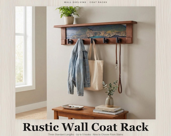 Rustic Wall Coat Rack with Shelf: Entryway Organizer with Black Hooks | Big Sur & Bixie Bridge Summers Day