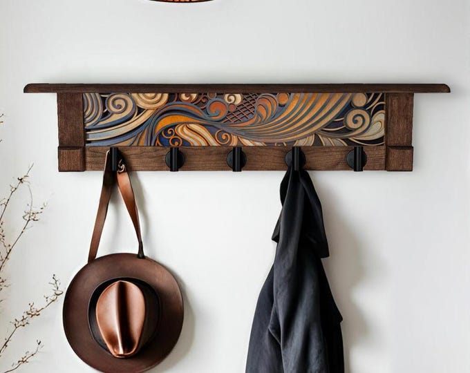Rustic Wall Coat Rack with Shelf: Entryway Organizer with Black Hooks | Abstract Wave Blue Creme