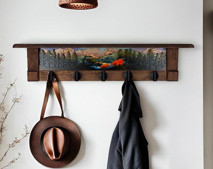 Sunrise Bear Wall Coat Rack with Cherry Shelf: Rustic Entryway Organizer