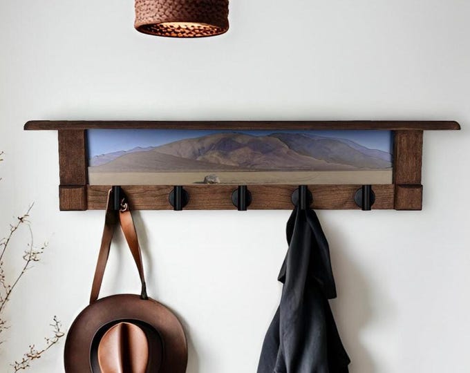 Rustic Wall Coat Rack with Shelf: Entryway Organizer with Black Hooks