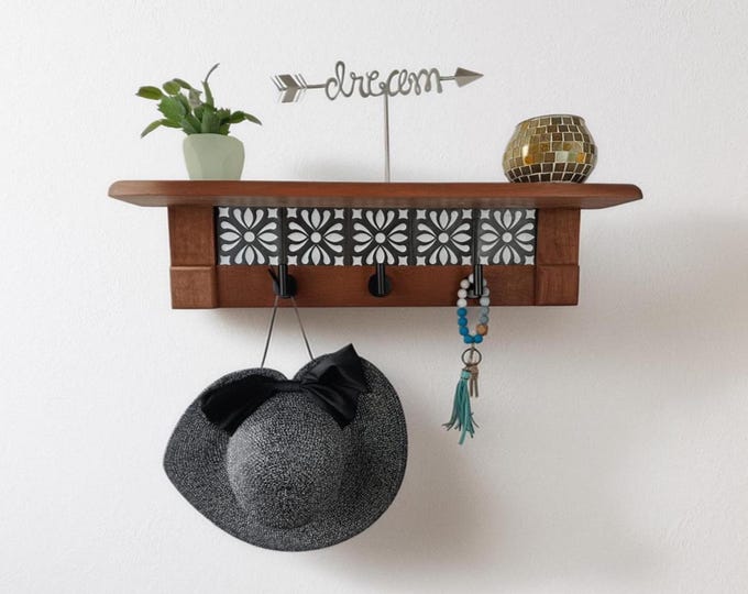 Rustic Cherry Wood Coat Rack with Shelf: Farmhouse Entryway Organizer